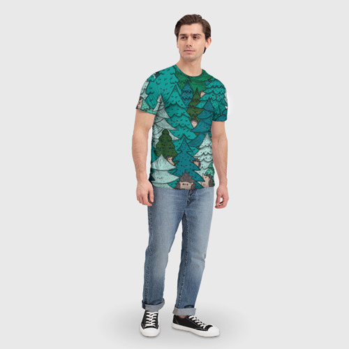 Мужская футболка 3D с принтом Ежи в еловом лесу, вид сбоку #3