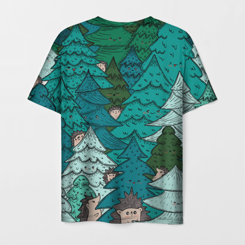 Мужская футболка 3D с принтом Ежи в еловом лесу, вид сзади #1