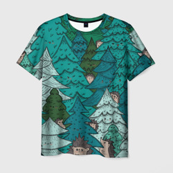 Мужская футболка 3D Ежи в еловом лесу