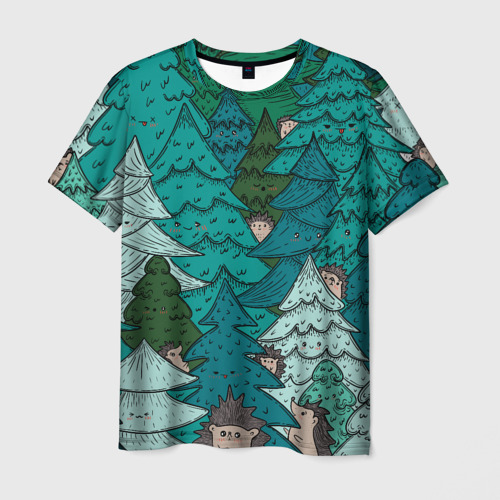 Мужская футболка 3D с принтом Ежи в еловом лесу, вид спереди #2