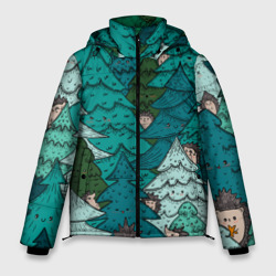 Мужская зимняя куртка 3D Ежи в еловом лесу