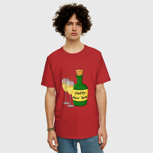 Мужская футболка хлопок Oversize с принтом Новогоднее шампанское, фото на моделе #1
