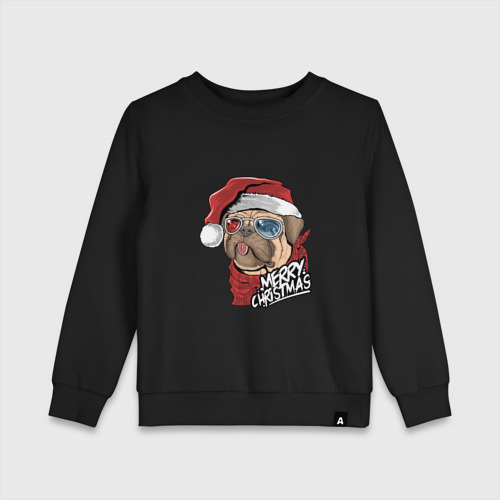 Детский свитшот хлопок Pug merry christmas, цвет черный