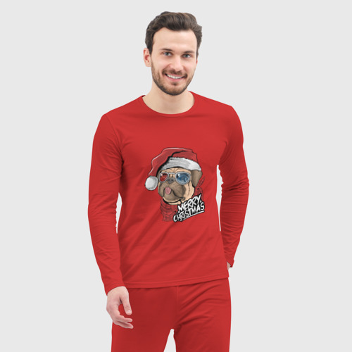 Мужская пижама с лонгсливом хлопок Pug merry christmas, цвет красный - фото 5