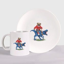 Набор: тарелка + кружка Мопс на динозавре