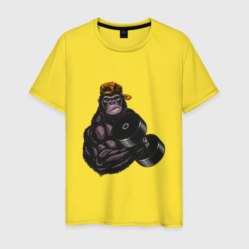 Мужская футболка хлопок с принтом Обезьяна с гантелей, вид спереди #2