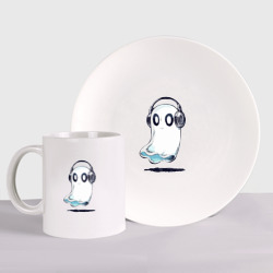 Набор: тарелка + кружка Прикольный призрак в наушниках