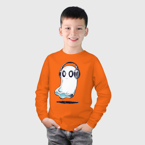 Детский лонгслив хлопок с принтом Прикольный призрак в наушниках, фото на моделе #1