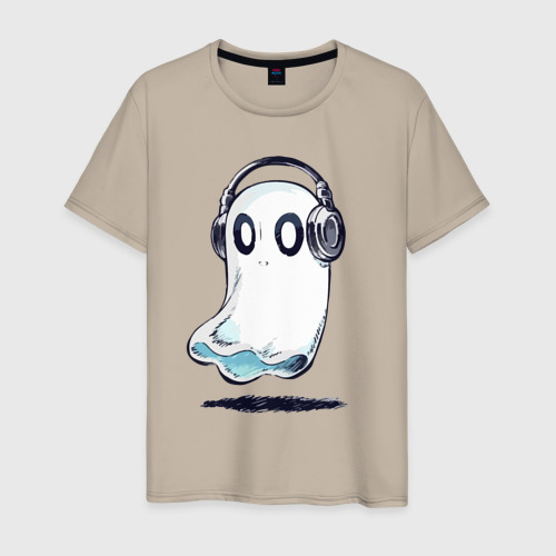 Мужская футболка хлопок с принтом Прикольный призрак в наушниках, вид спереди #2