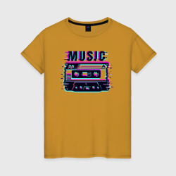 Женская футболка хлопок Ретро кассета магнитофонная глитч