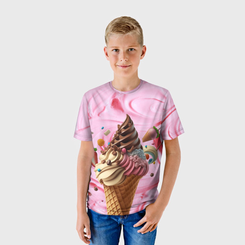 Детская футболка 3D Аппетитное мороженое с клубникой и шоколадом, цвет 3D печать - фото 3