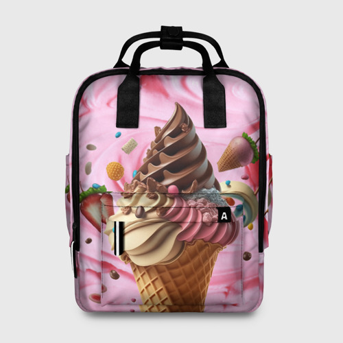 Женский рюкзак 3D с принтом Аппетитное мороженое с клубникой и шоколадом, вид спереди #2