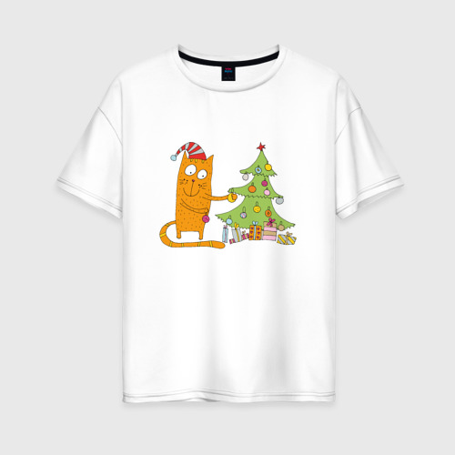 Женская футболка из хлопка оверсайз с принтом Кот наряжает новогоднюю ёлку, вид спереди №1