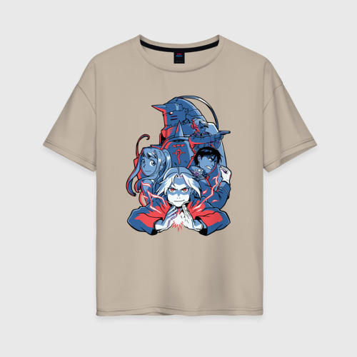 Женская футболка хлопок Oversize Fullmetal alchemist team, цвет миндальный