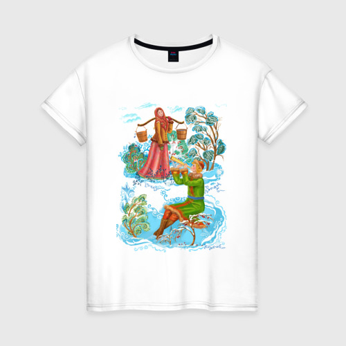 Женская футболка из хлопка с принтом Палех зимнее свидание, вид спереди №1