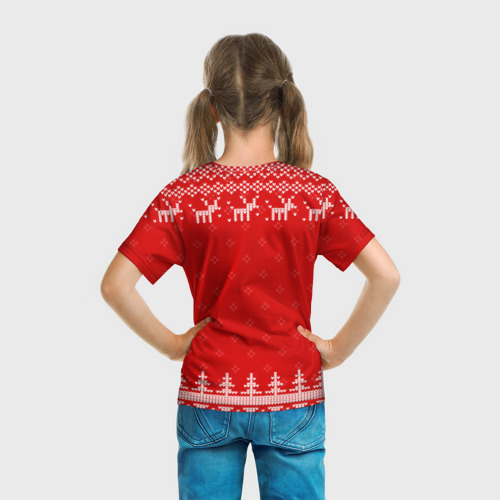 Детская футболка 3D с принтом Новогодняя Светлана: свитер с оленями, вид сзади #2