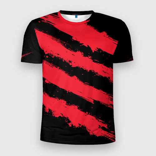 Мужская футболка 3D Slim с принтом Красно-черные полосы, вид спереди #2
