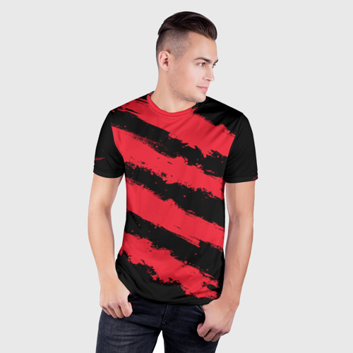 Мужская футболка 3D Slim с принтом Красно-черные полосы, фото на моделе #1