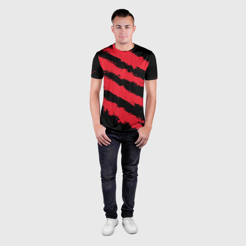 Мужская футболка 3D Slim с принтом Красно-черные полосы, вид сбоку #3
