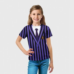 Футболка с принтом Школьная форма фиолетовая Wednesday для ребенка, вид на модели спереди №3. Цвет основы: белый