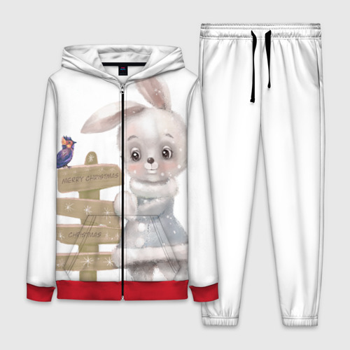 Женский костюм 3D с принтом Рождественский Кролик с Птичкой, вид спереди #2
