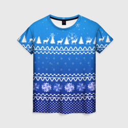Женская футболка 3D Новогодний узор на синем фоне