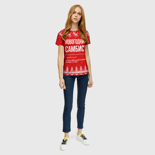Женская футболка 3D с принтом Новогодний самбист: свитер с оленями, вид сбоку #3