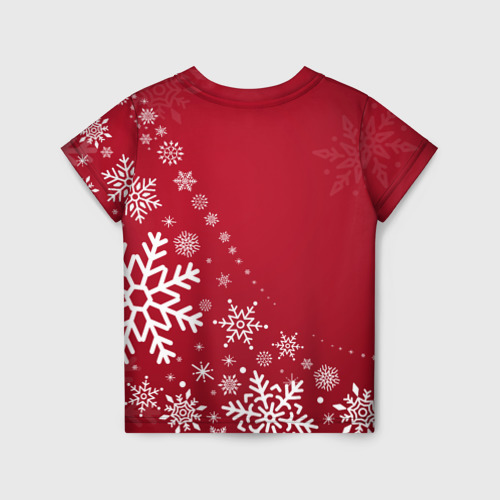 Детская футболка 3D с принтом Новогодний олень и снежинки, вид сзади #1