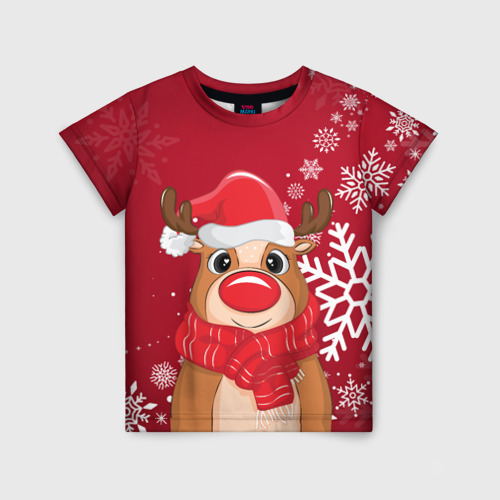 Детская футболка 3D с принтом Новогодний олень и снежинки, вид спереди #2