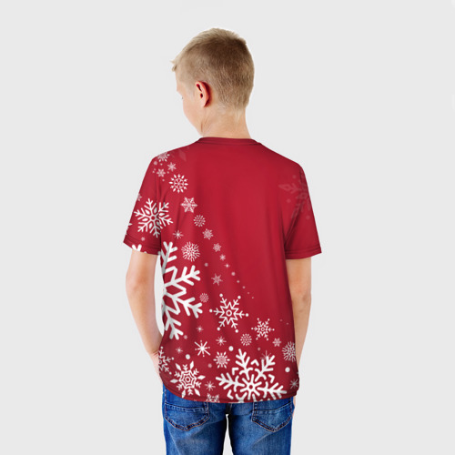 Детская футболка 3D с принтом Новогодний олень и снежинки, вид сзади #2