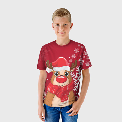Детская футболка 3D с принтом Новогодний олень и снежинки, фото на моделе #1