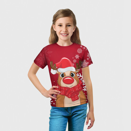 Детская футболка 3D с принтом Новогодний олень и снежинки, вид сбоку #3