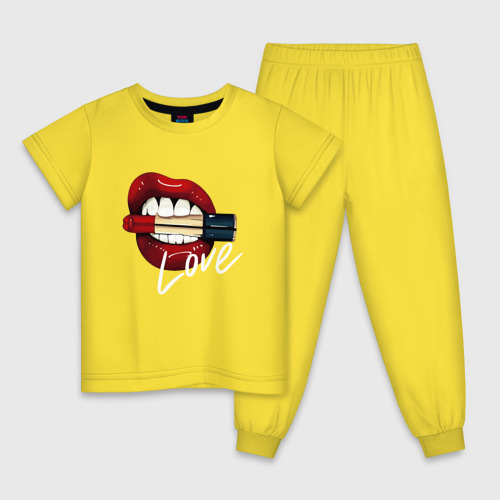 Детская пижама хлопок с принтом Красные губы с помадой, вид спереди #2