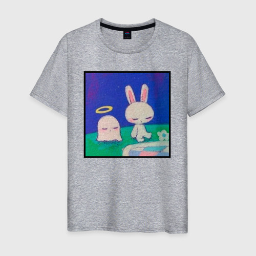 Мужская футболка хлопок с принтом Милый зайчик и призрак, вид спереди #2