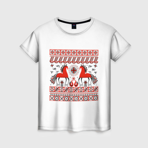 Женская футболка 3D с принтом Мезенские кони, вид спереди #2