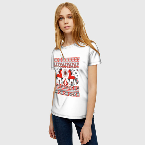 Женская футболка 3D с принтом Мезенские кони, фото на моделе #1