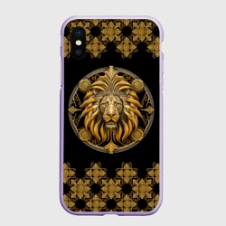 Чехол для iPhone XS Max матовый Лев золотой барельеф знака зодиака с орнаментом
