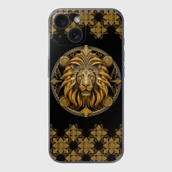 Чехол для iPhone 15 силиконовый с защитой камеры Лев золотой барельеф знака зодиака с орнаментом