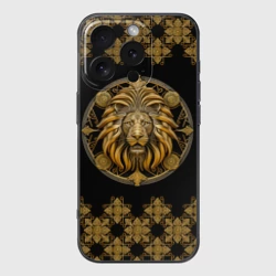 Чехол для iPhone 16 Pro силиконовый с защитой камеры Лев золотой барельеф знака зодиака с орнаментом