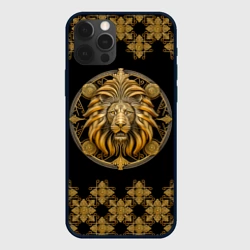 Чехол для iPhone 12 Pro Лев золотой барельеф знака зодиака с орнаментом