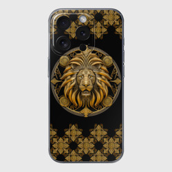 Чехол для iPhone 15 Pro Max силиконовый с защитой камеры Лев золотой барельеф знака зодиака с орнаментом