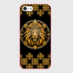 Чехол для iPhone 5/5S матовый Лев золотой барельеф знака зодиака с орнаментом