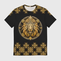 Мужская футболка 3D Лев золотой барельеф знака зодиака с орнаментом