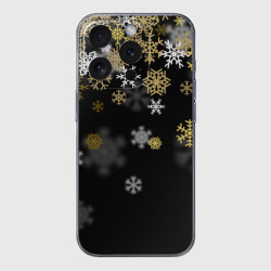Чехол для iPhone 15 Pro силиконовый с защитой камеры Золотые и белые снежинки