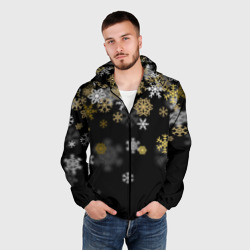 Мужская ветровка 3D Золотые и белые снежинки - фото 2