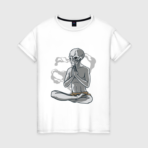 Женская футболка хлопок Медитирующий пришелец, цвет белый