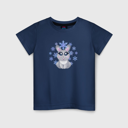 Детская футболка хлопок с принтом Милый зайчонок смотрит на снежинку, вид спереди #2