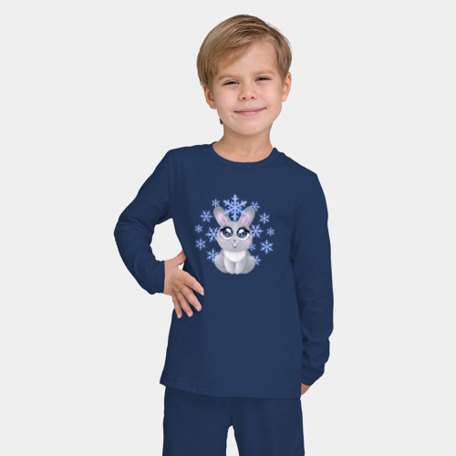 Детская пижама с лонгсливом хлопок с принтом Милый зайчонок смотрит на снежинку, фото на моделе #1