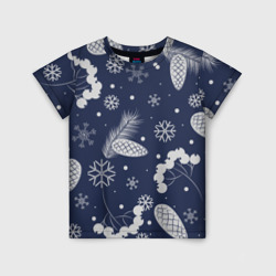 Детская футболка 3D Зимние ягоды и шишки на синем фоне