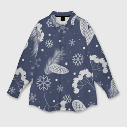 Женская рубашка oversize 3D Зимние ягоды и шишки на синем фоне